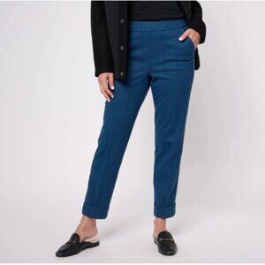 Isaac Mizrahi Yarn Dye Plaid Knt Jcqrd Straight Pants-Dk Navy-Tall Small-A620683